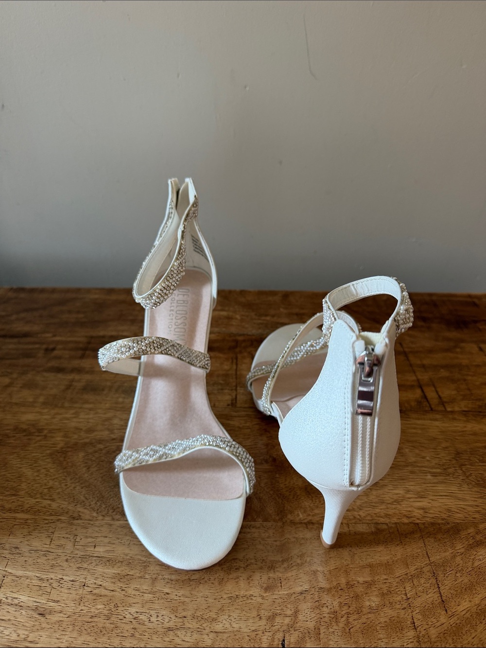 White Satin Heeled Sandals with Rhinestone Straps